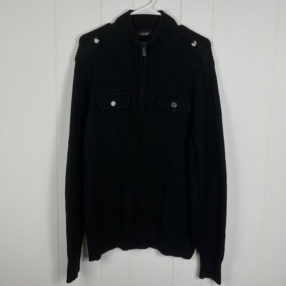 Apt 9 Men Sweater XL Black Mock Neck 1/4 Zip Chest Pockets Epaulettes Pullover
